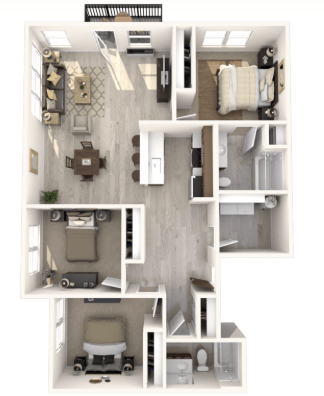 Floor plan for 3 beds, 2 baths, 1306 sqft